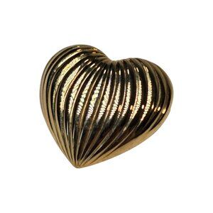 Vintage Gold Tone Textured Puffy Heart Brooch Pin Ribbed Design Classic Jewelry
